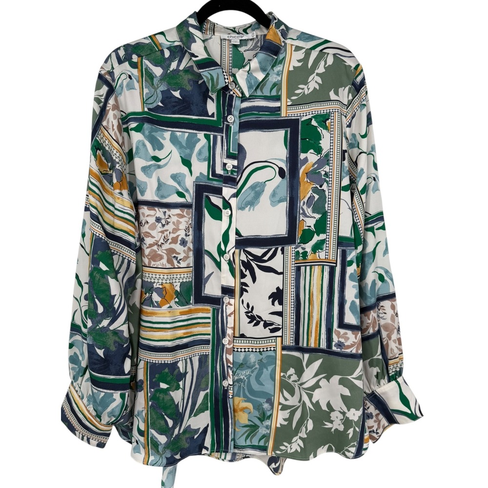 Chico's Womens Patchwork Geometric Floral Print Button Up Blouse Top Sz XL (18)